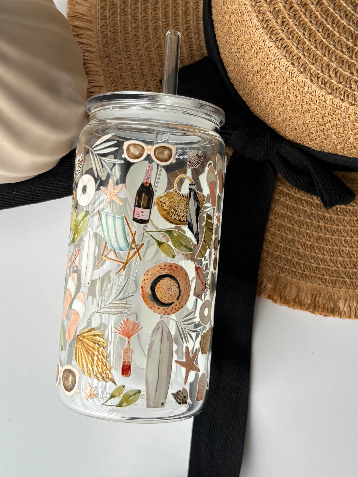 Tumbler en verre avec couvercle et paille (16 oz) - Journée à la plage 🐚