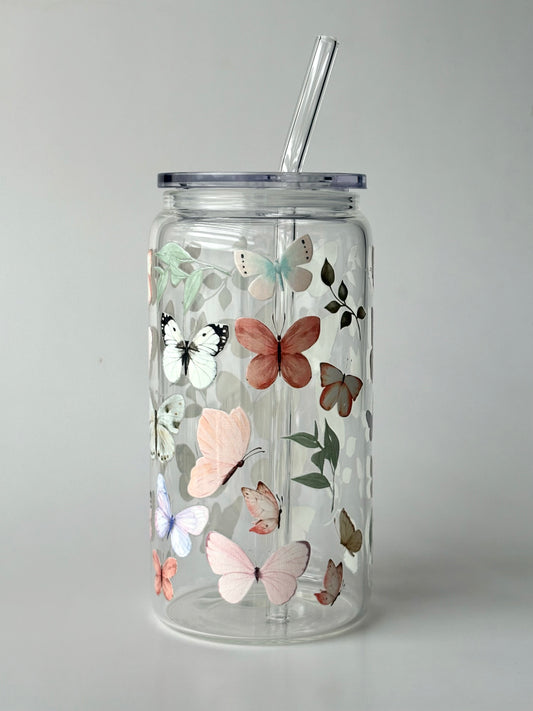 Tumbler en verre avec couvercle et paille (16 oz) - Papillons 🦋