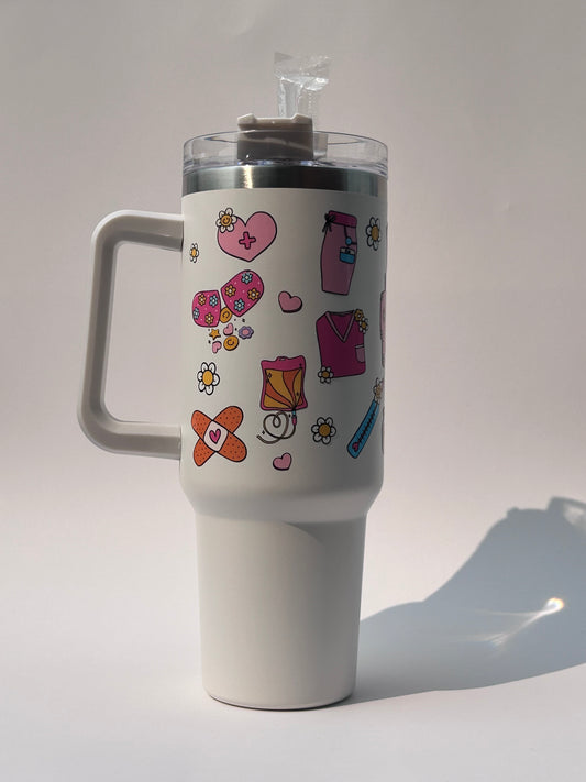 Tumbler isotherme blanc avec couvercle et paille (40 oz) - Nurse life 👩⚕️🩺
