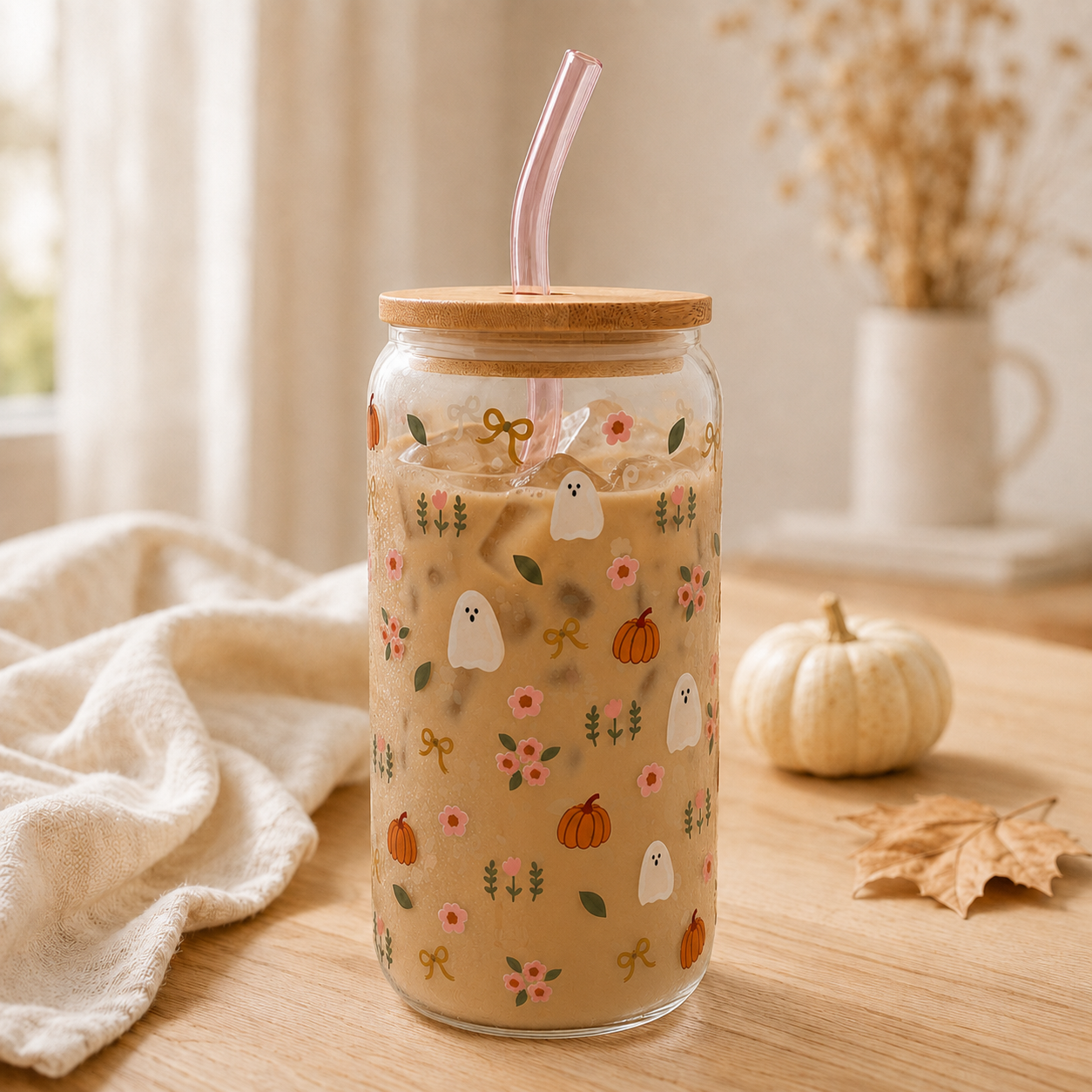 Tumbler en verre avec couvercle et paille (16 oz) - Citrouille & Fantôme 👻🎃