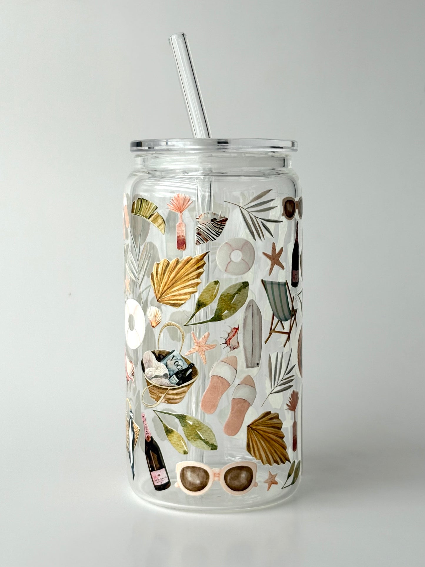 Tumbler en verre avec couvercle et paille (16 oz) - Journée à la plage 🐚