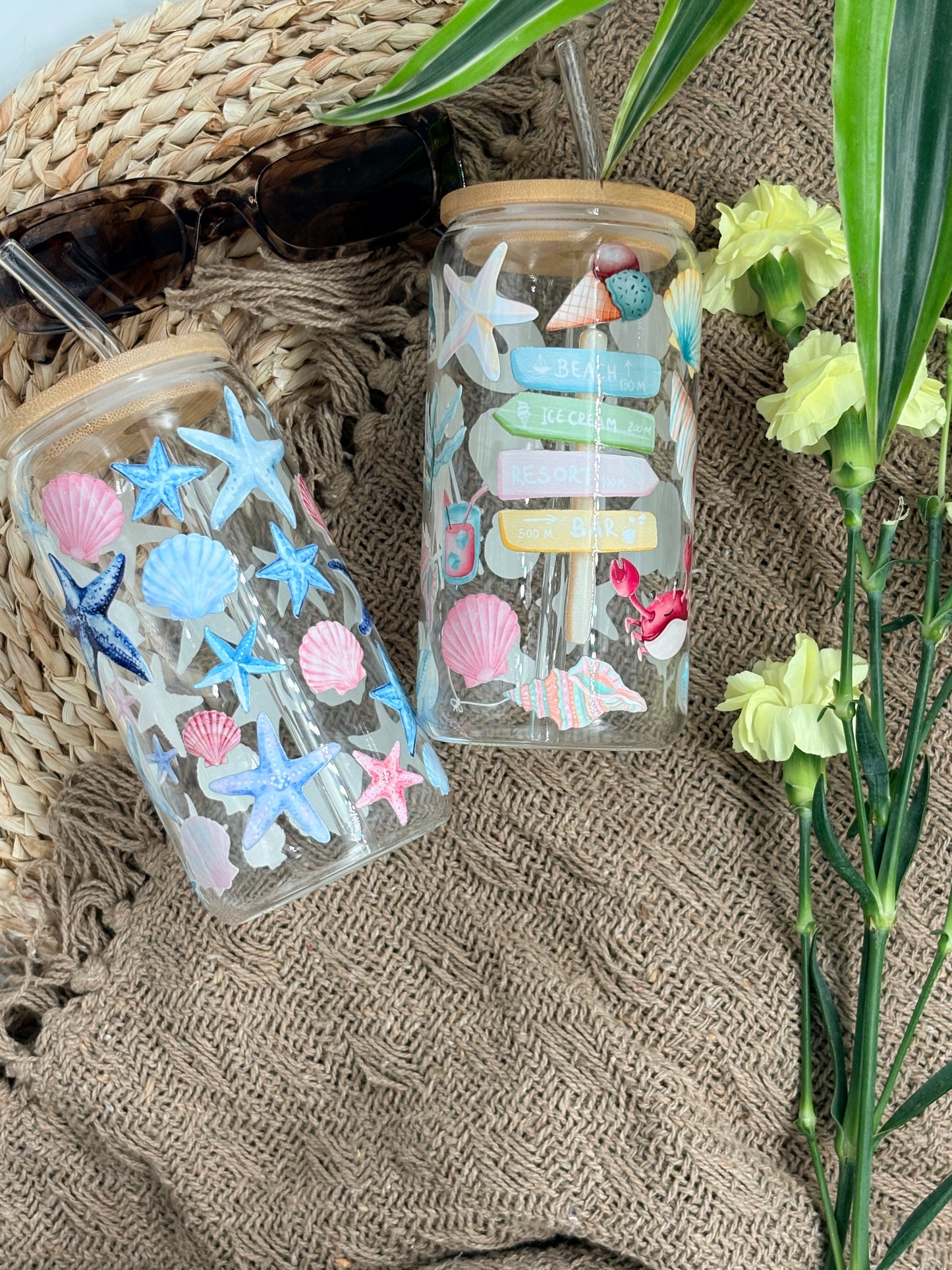Tumbler en verre avec couvercle et paille (16 oz) - Étoile d'été 🪸🐚
