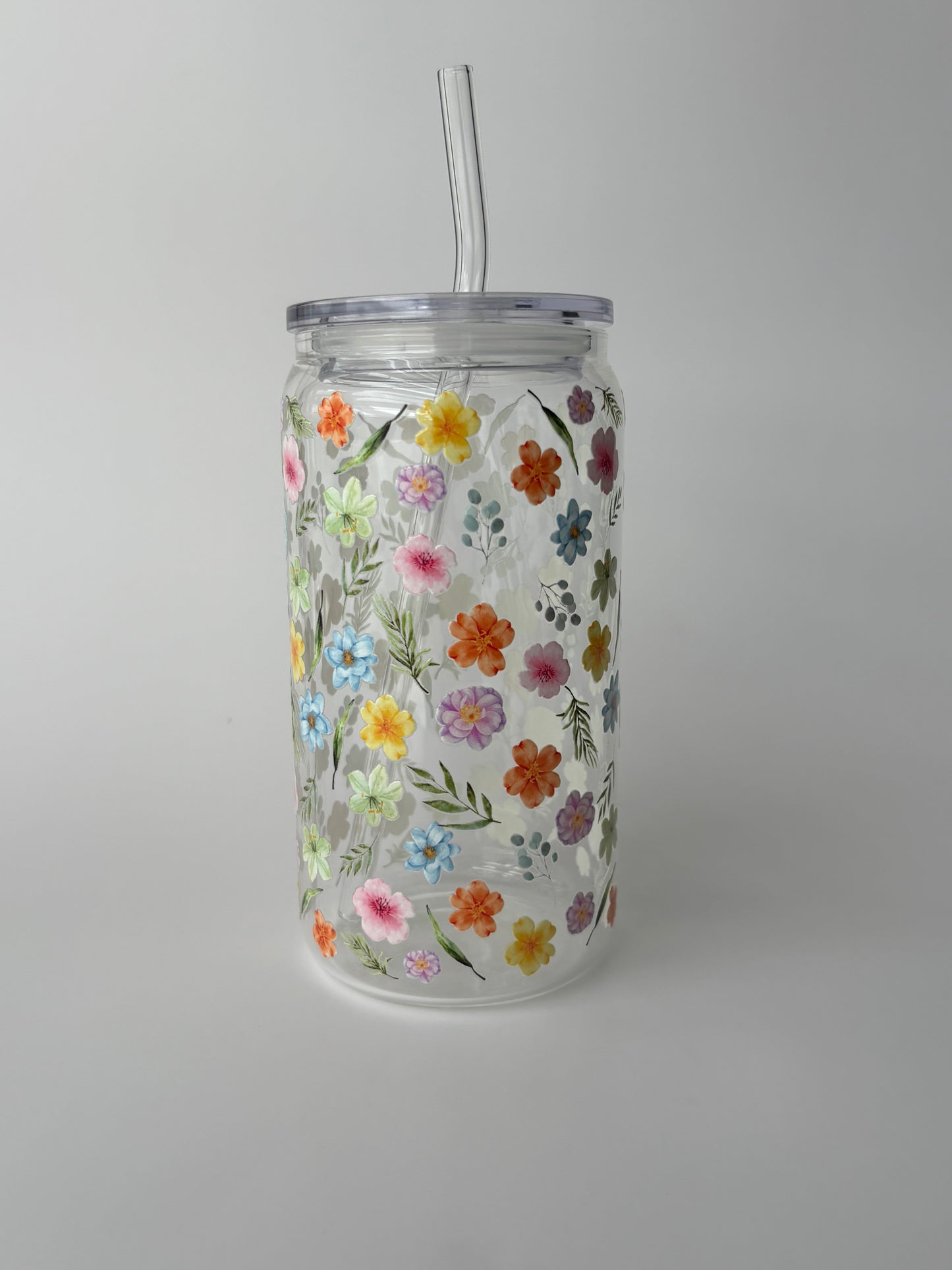 Tumbler en verre avec couvercle et paille (16 oz) - Floraison