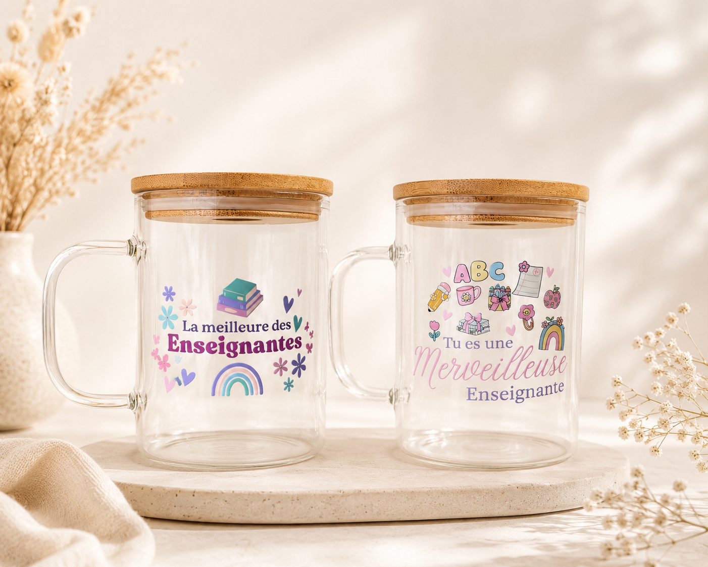 Tasse en verre avec couvercle et paille (17 oz) - La meilleure des enseignante