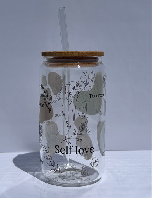 Tumbler en verre avec couvercle et paille (16 oz) - Self love 💌