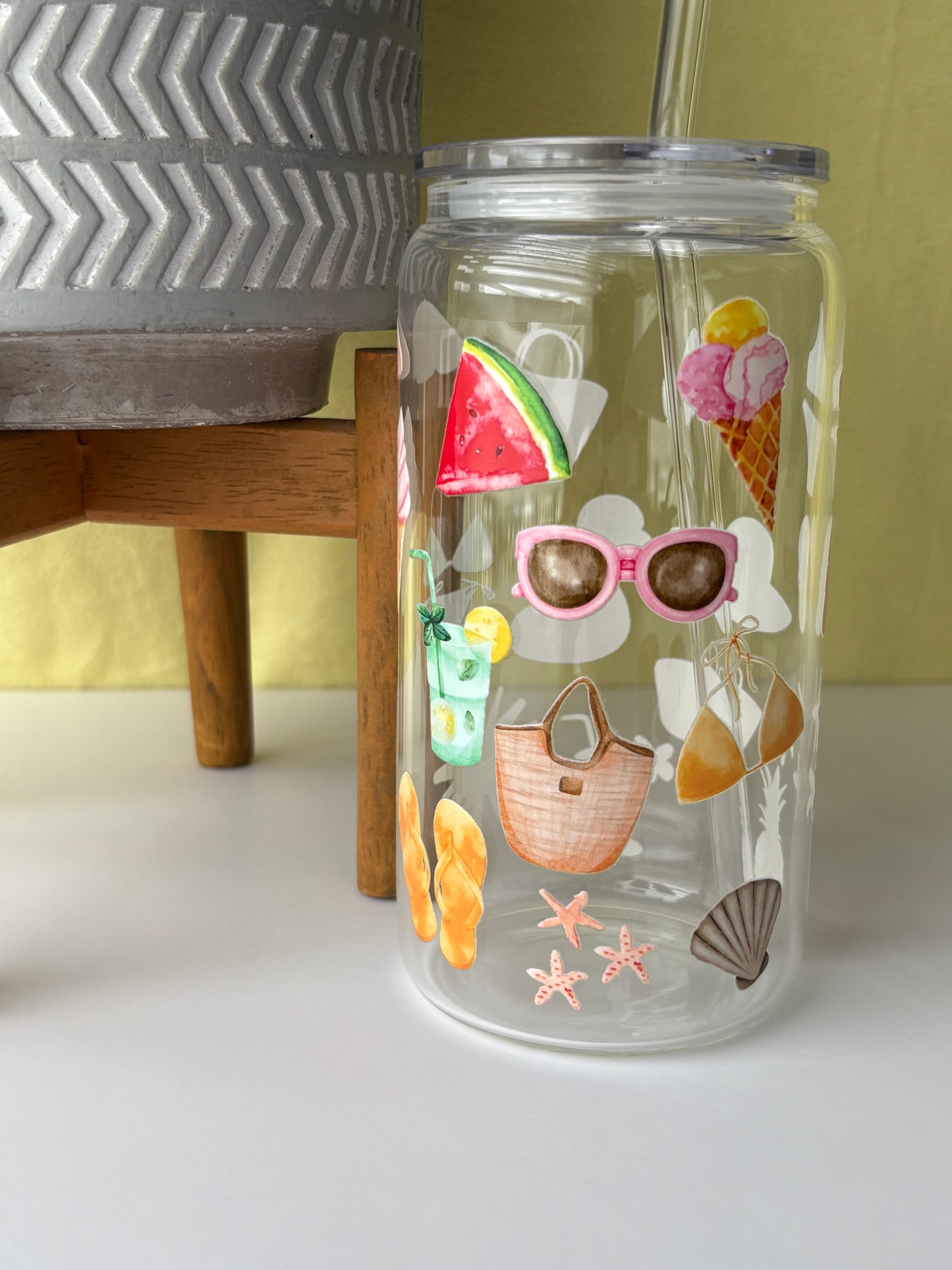 Tumbler en verre avec couvercle et paille (16 oz) - Plaisir d'été ⛱️👙☀️