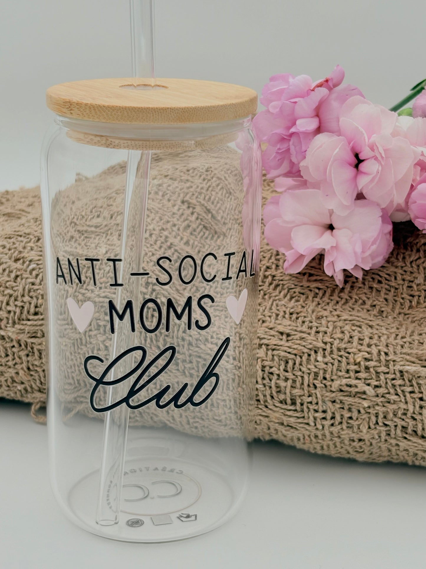 Tumbler en verre avec couvercle et paille (16 oz) - Anti-social moms club 🩷