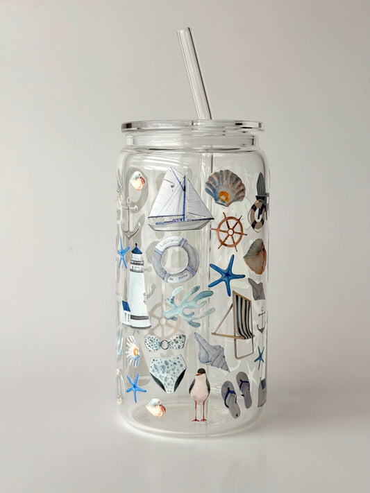 Tumbler en verre avec couvercle et paille (16 oz) - Bord de mer ⚓️🌊