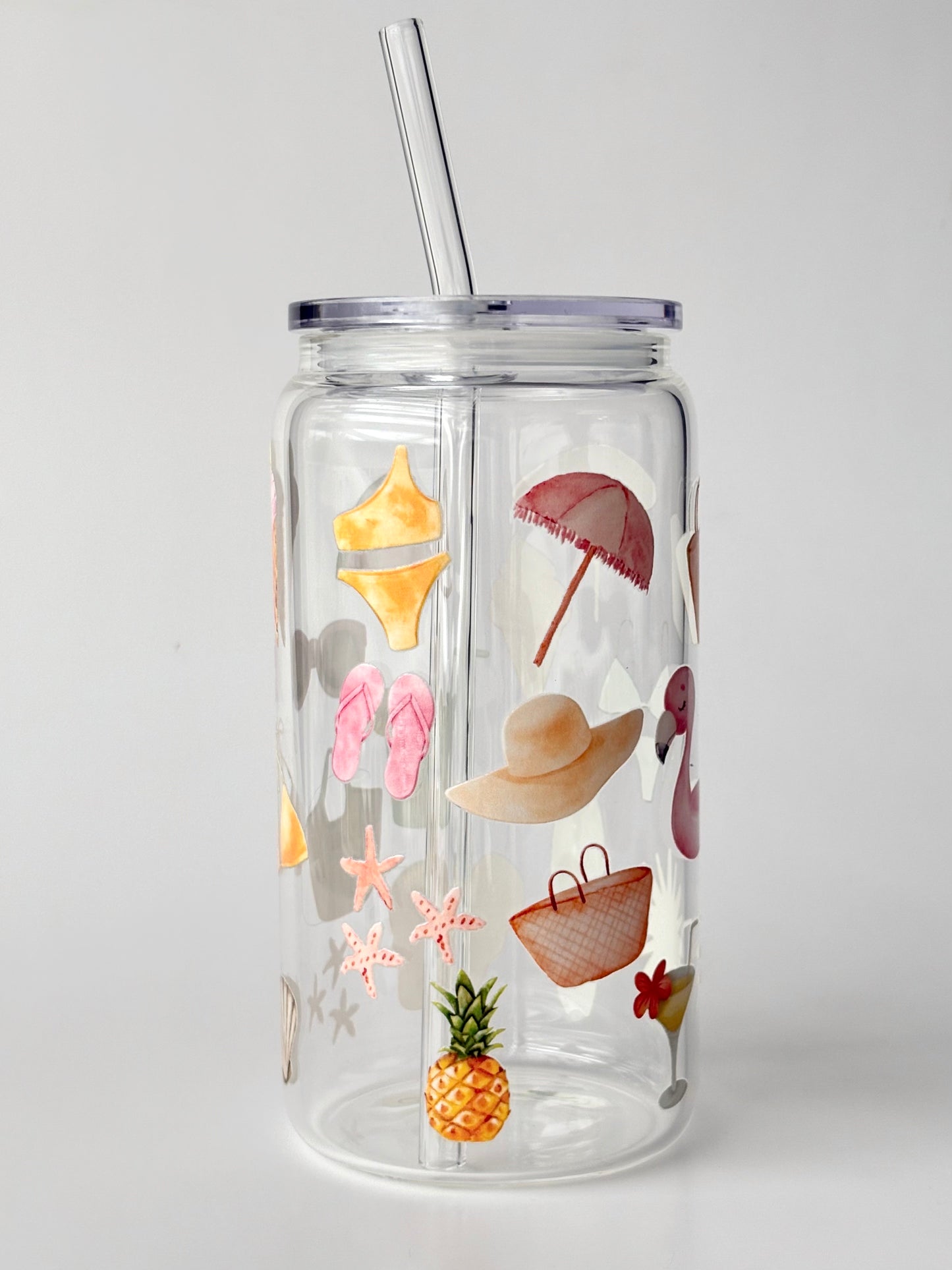 Tumbler en verre avec couvercle et paille (16 oz) - Plaisir d'été ⛱️👙☀️