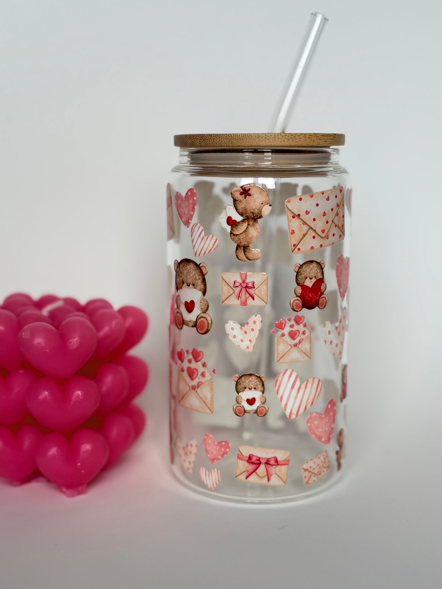 Tumbler en verre avec couvercle et paille (16 oz) - Bisou d’ourson 🧸💋