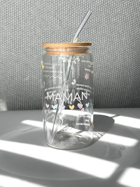Tumbler en verre avec couvercle et paille (16 oz) - Coeur de maman pastel 🩵