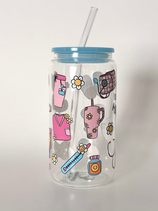 Tumbler en verre avec couvercle et paille (16 oz) - HĂŽpital Life đ©ș