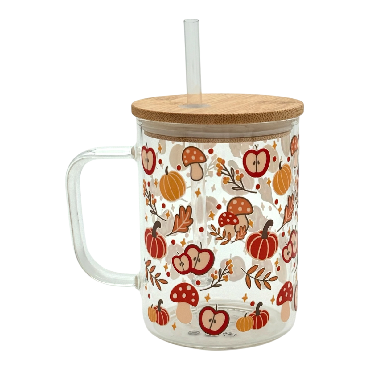 Tasse en verre avec couvercle et paille (16 oz) - Pomme & Citrouille🍎🎃