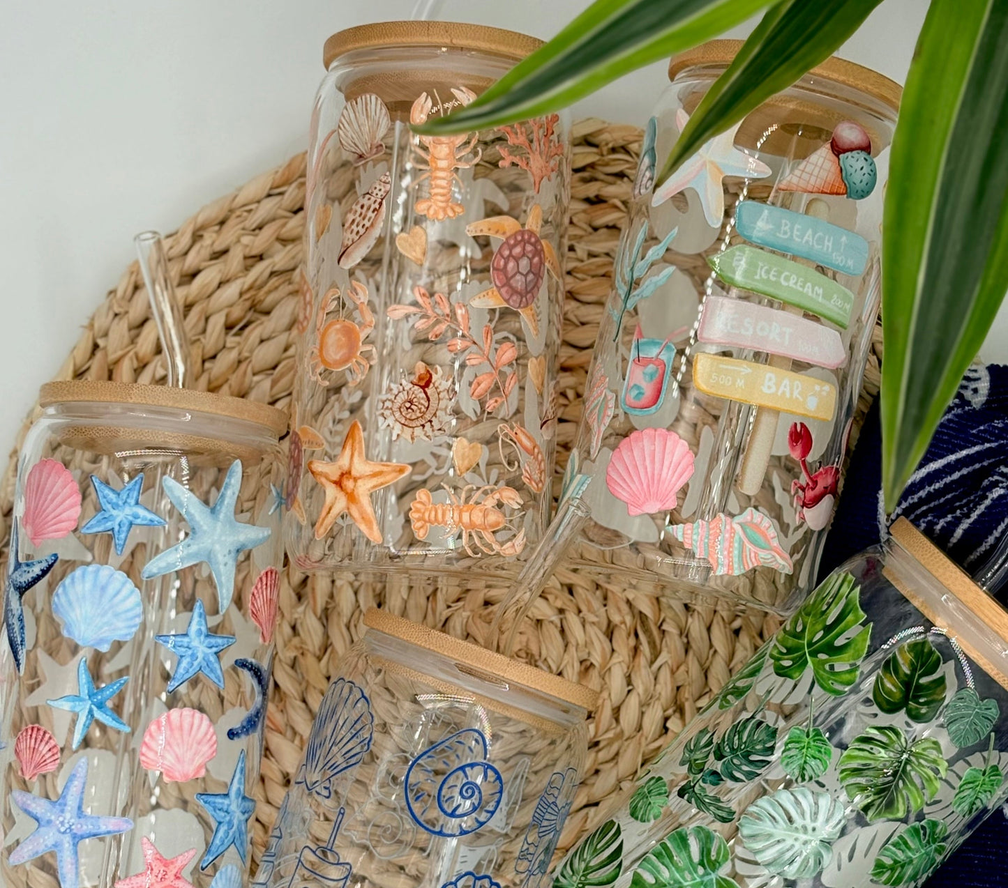 Tumbler en verre avec couvercle et paille (16 oz) - Douce marée 🦐🦞🦀