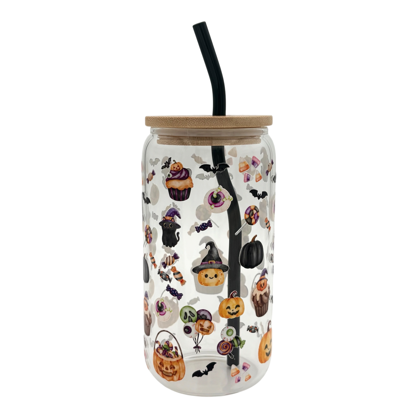 Tumbler en verre avec couvercle et paille (16 oz) - Trick & Treat 🍭🍬