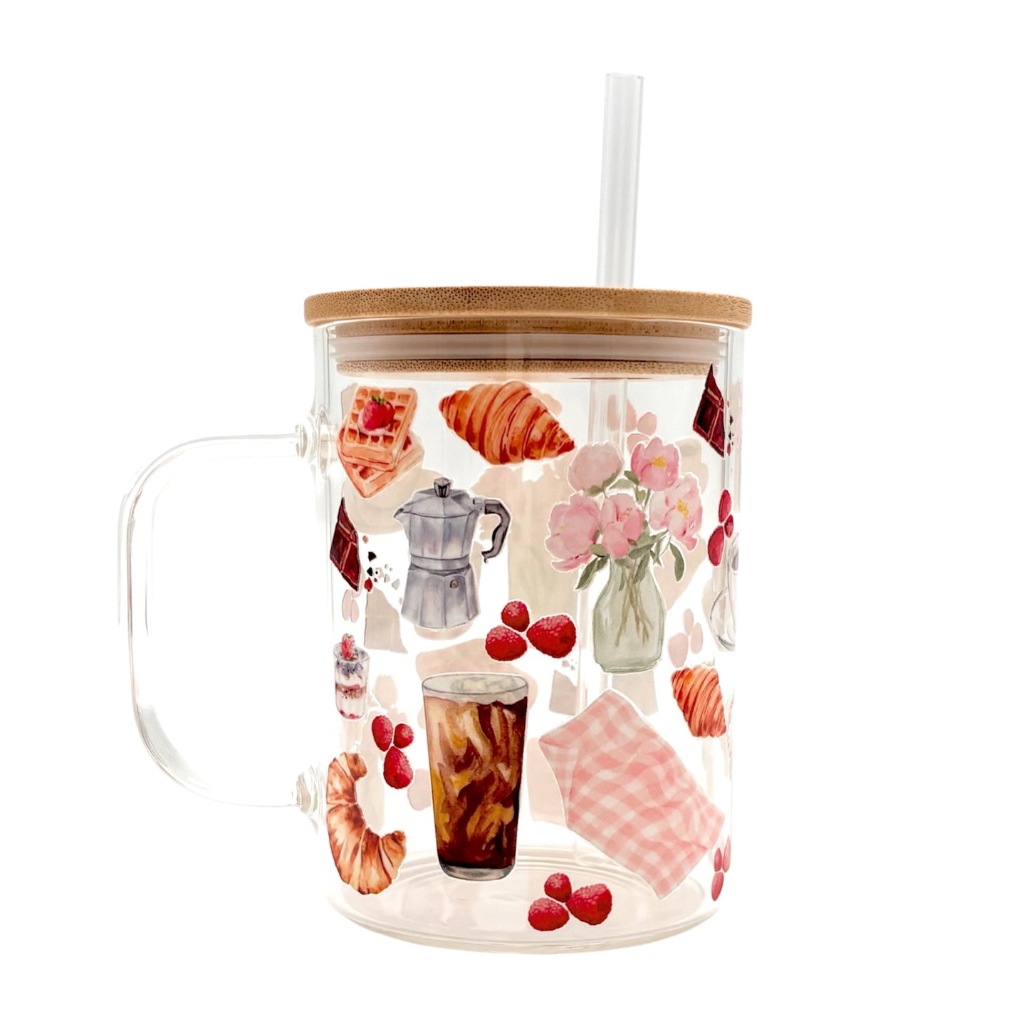 Tumbler en verre avec couvercle et paille (16 oz) - Petit déjeuner ☕️🍳🥞