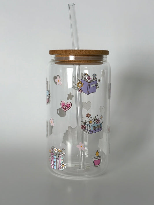 Tumbler en verre avec couvercle et paille (16 oz) - Lecture printaniĂšre đž