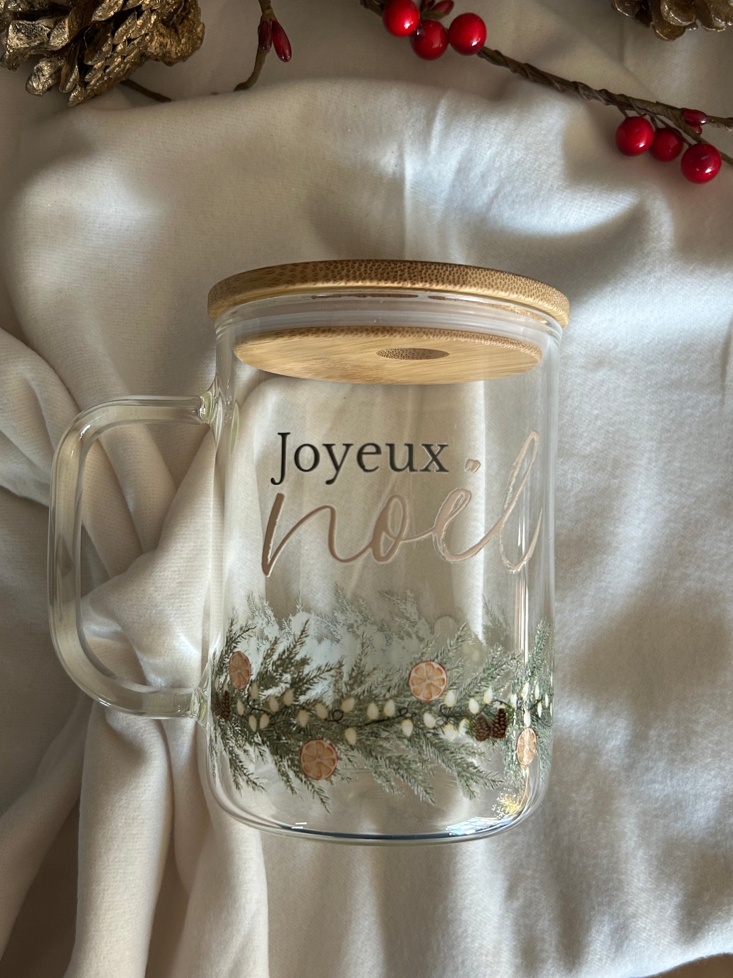 Tasse en verre avec couvercle et paille (17 oz) - Guirlande de Noël 🎄