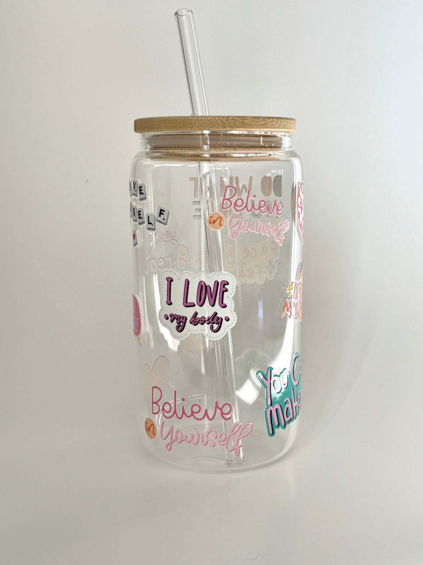 Tumbler en verre avec couvercle et paille (16 oz) - Self love quotes 🌹