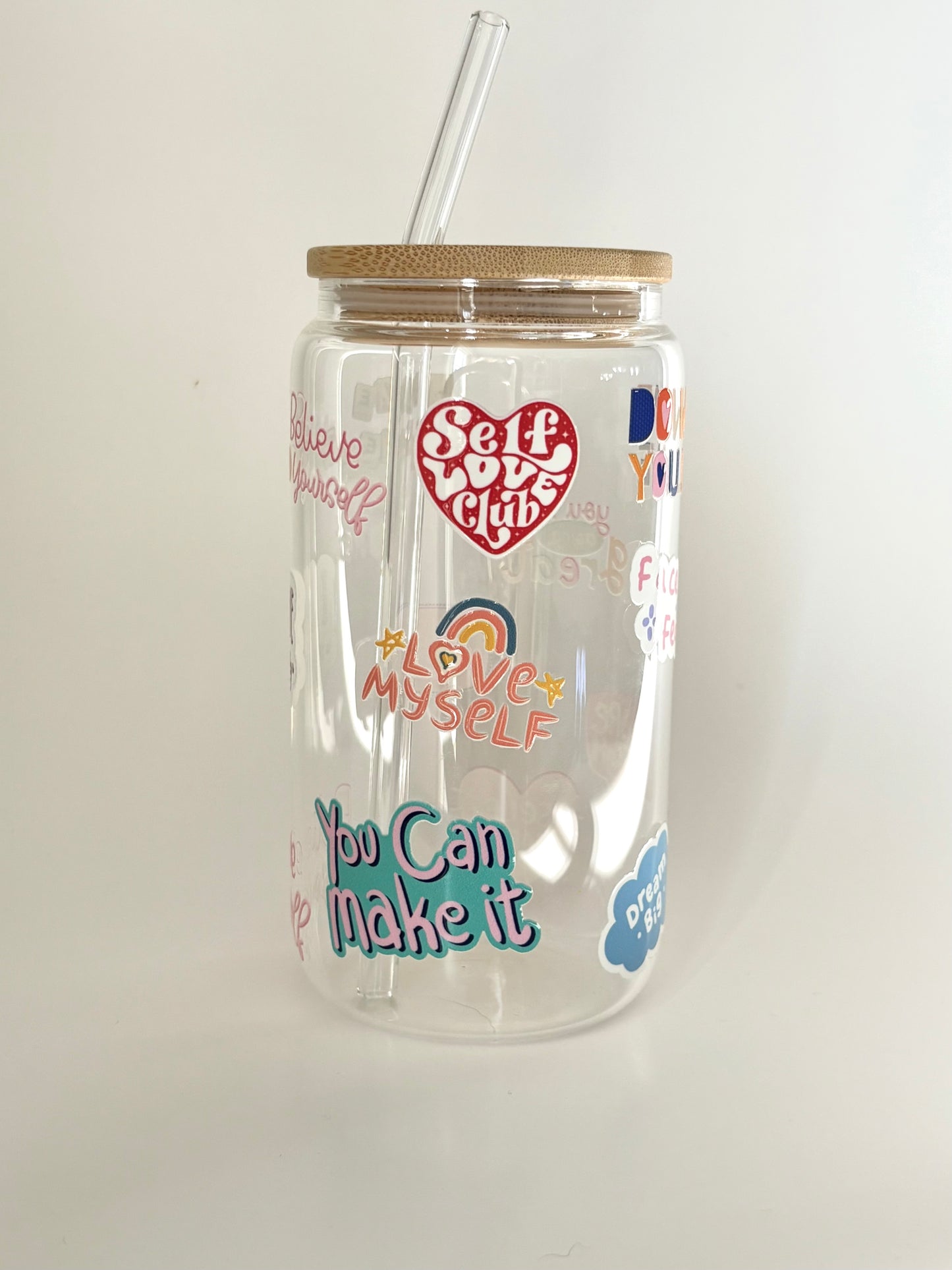 Tumbler en verre avec couvercle et paille (16 oz) - Self love quotes 🌹