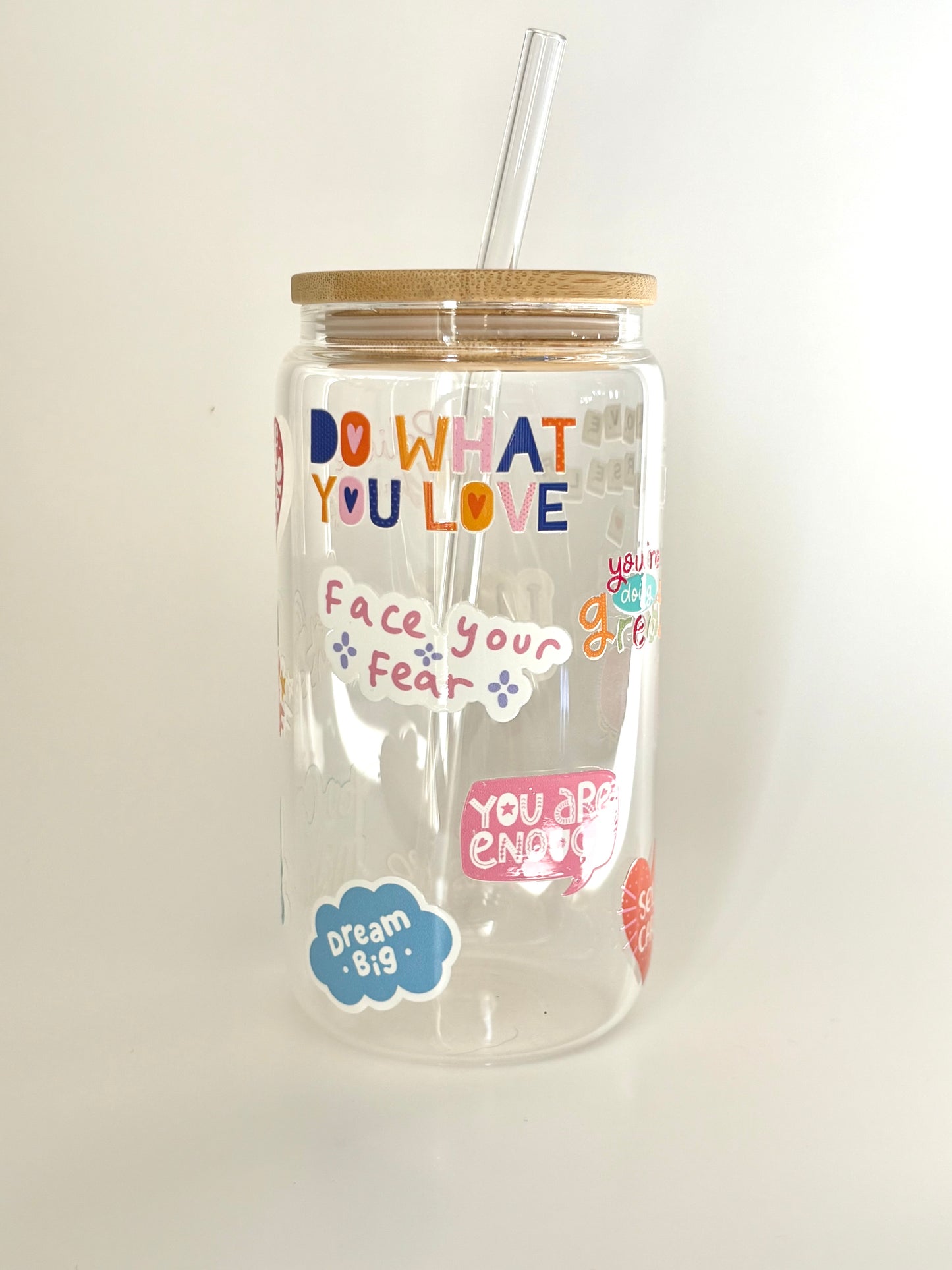 Tumbler en verre avec couvercle et paille (16 oz) - Self love quotes 🌹