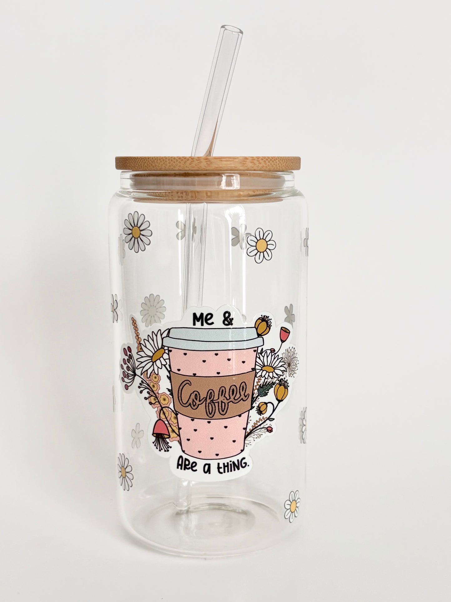 Tumbler en verre avec couvercle et paille (16 oz) - Me & coffee 🌻
