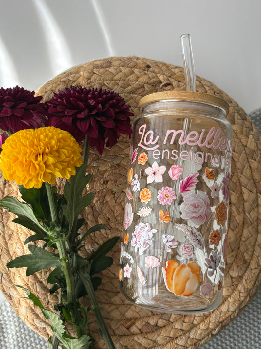 Tumbler en verre avec couvercle et paille (16 oz) -La meilleure enseignante rose 🌸