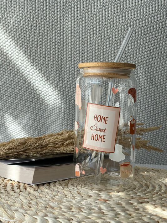 Tumbler en verre avec couvercle et paille (16 oz) - Home sweet home🧦🧶🫖