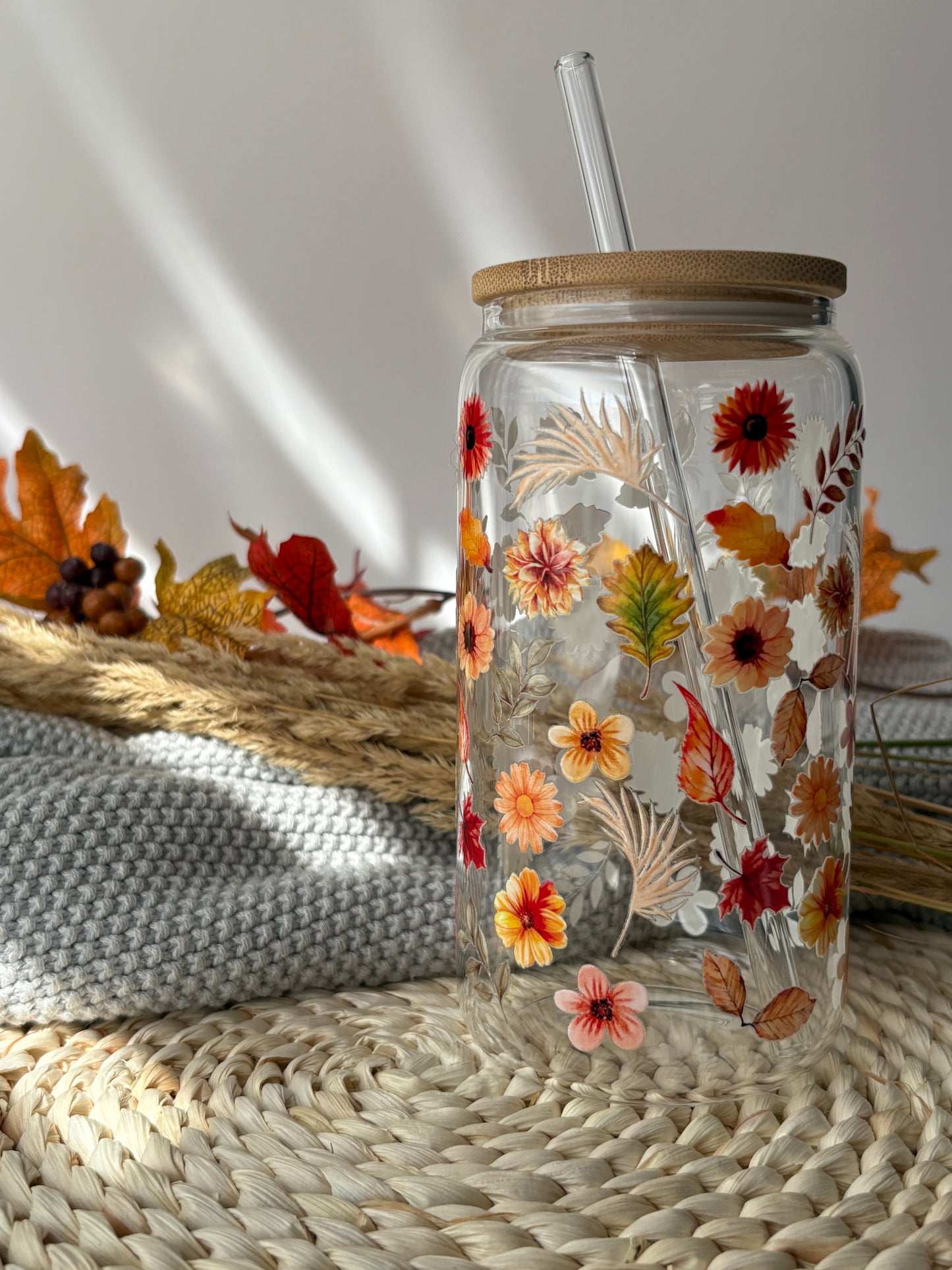 Tumbler en verre avec couvercle et paille (16 oz) - Jardins d'automne 🌻🌾🍂