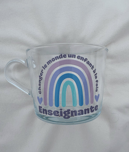 Tasse en verre (12 oz) - Changer le monde un enfant à la fois - Enseignante 👩🏼🏫🌈