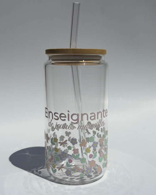 Tumbler en verre avec couvercle et paille (16 oz) - Enseignante pastel 🩵