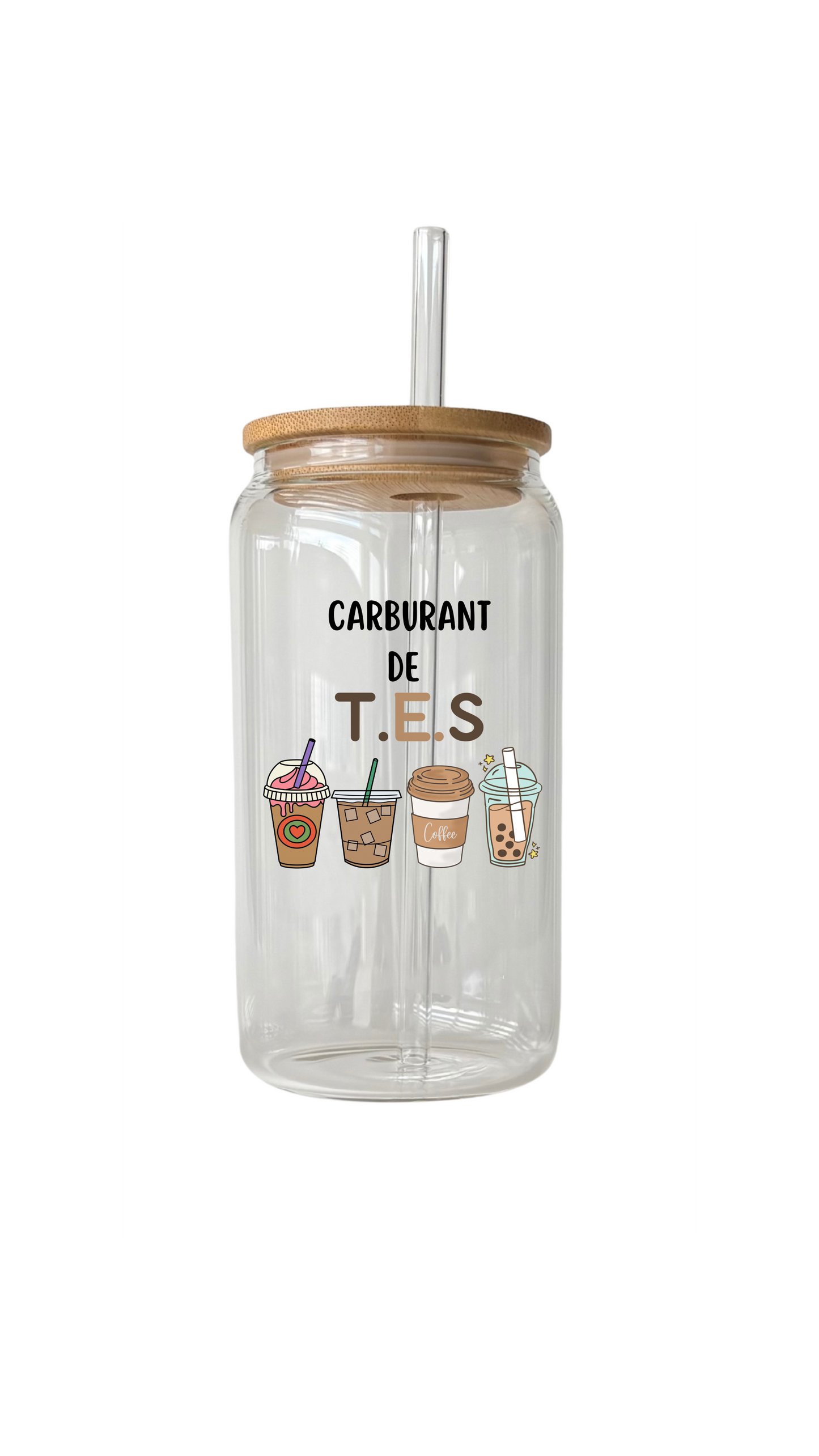 Tumbler en verre avec couvercle et paille (16 oz) -Carburant de T.E.S 🧋