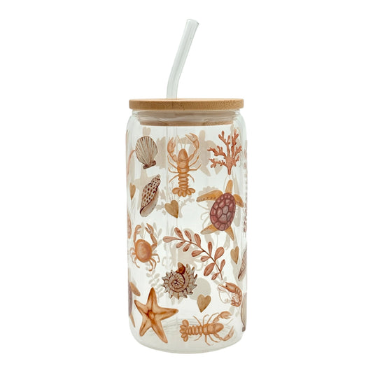 Tumbler en verre avec couvercle et paille (16 oz) - Douce marée 🦐🦞🦀