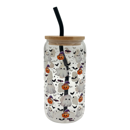 Tumbler en verre avec couvercle et paille (16 oz) - Spooky 👻