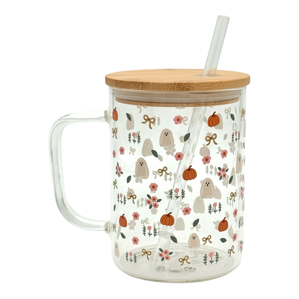 Tasse en verre avec couvercle et paille (16 oz) - Fantôme & Citrouille👻🎃