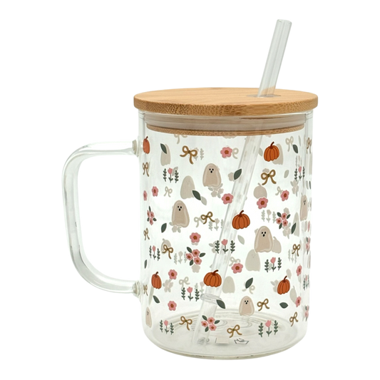 Tasse en verre avec couvercle et paille (16 oz) - Fantôme & Citrouille👻🎃