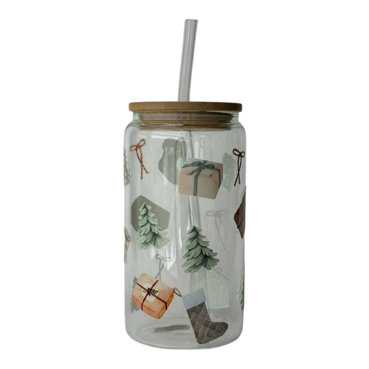Tumbler en verre avec couvercle et paille (16 oz) - Sous le sapin 🎁🎄