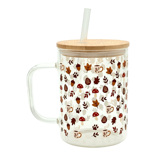 Tasse en verre avec couvercle et paille (16 oz) - Pattes d'automne🐾🍂
