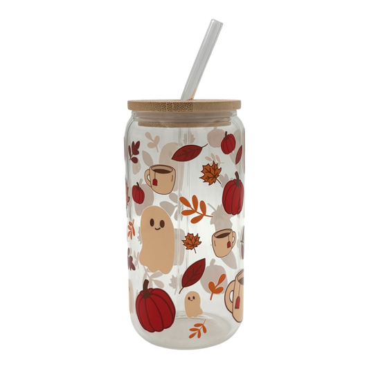 Tumbler en verre avec couvercle et paille (16 oz) - Café d'automne 🍂☕️