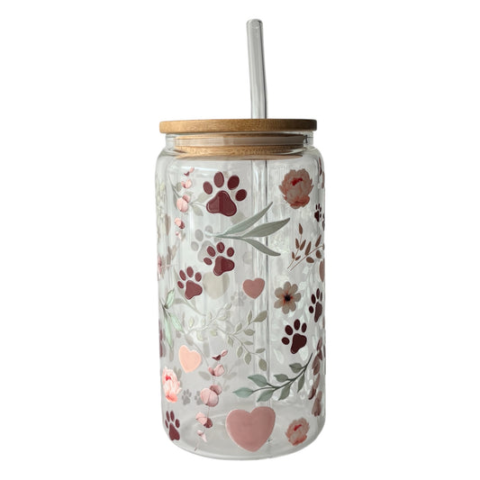 Tumbler en verre avec couvercle et paille (16 oz) - Pattes & fleurs 🐾🌷