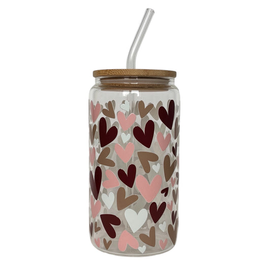 Tumbler en verre avec couvercle et paille (16 oz) - Pluie de coeur ❤️🤎🤍