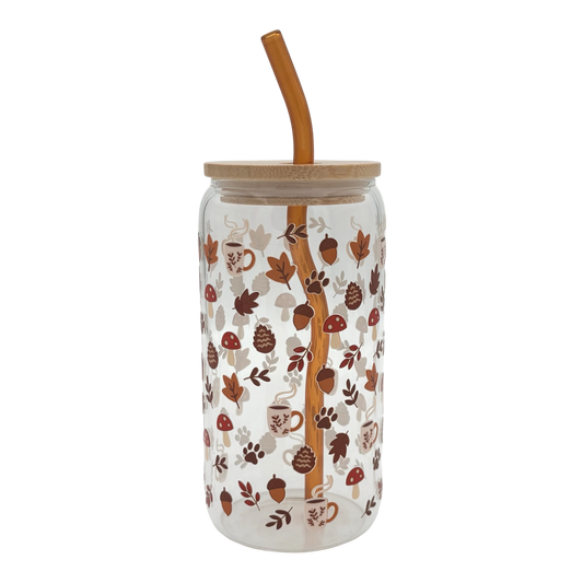 Tumbler en verre avec couvercle et paille (16 oz) - Pattes d'automne 🐾🍂