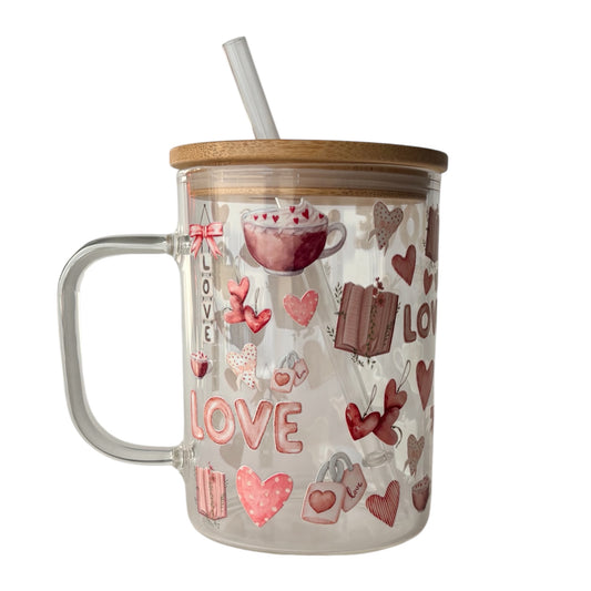 Tasse en verre avec couvercle et paille (17 oz) - Love