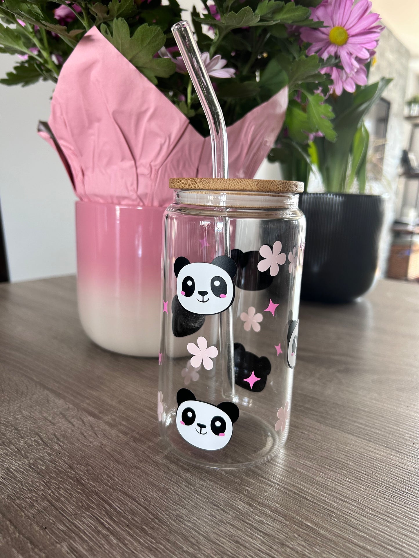 Tumbler en verre avec couvercle et paille (16 oz) - Panda 🐼