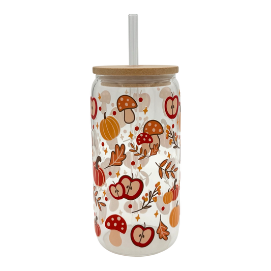 Tumbler en verre avec couvercle et paille (16 oz) - Pommes & Citrouilles 🍎🎃