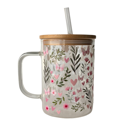 Tasse en verre avec couvercle et paille (17 oz) - Coeur de papillon