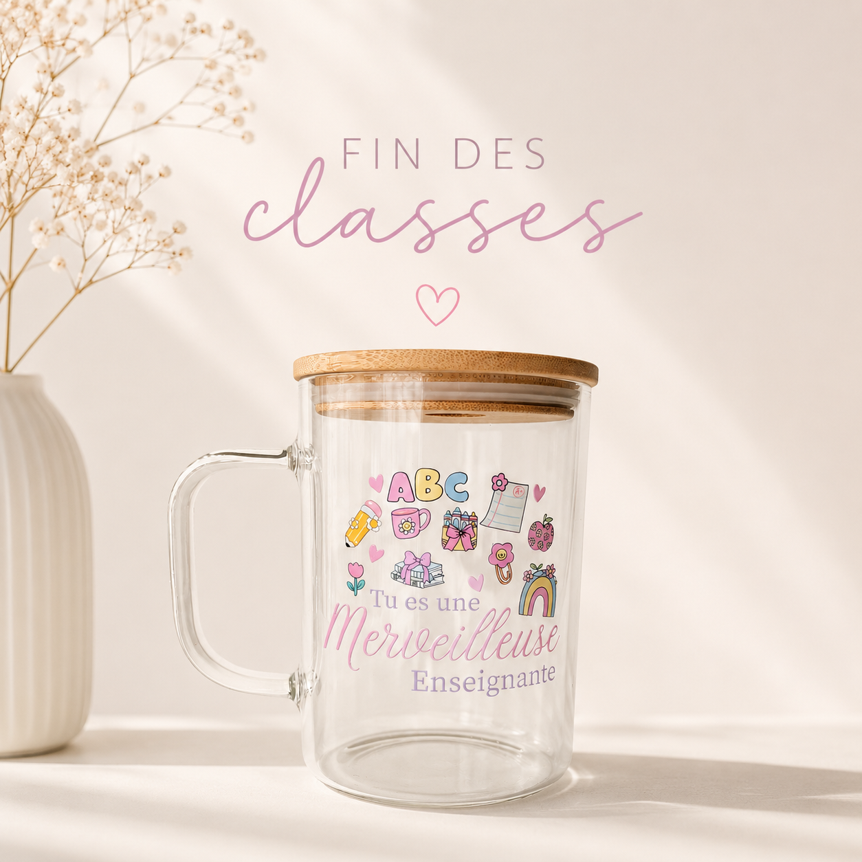Tasse en verre avec couvercle et paille (17 oz) - Merveilleuse enseignante