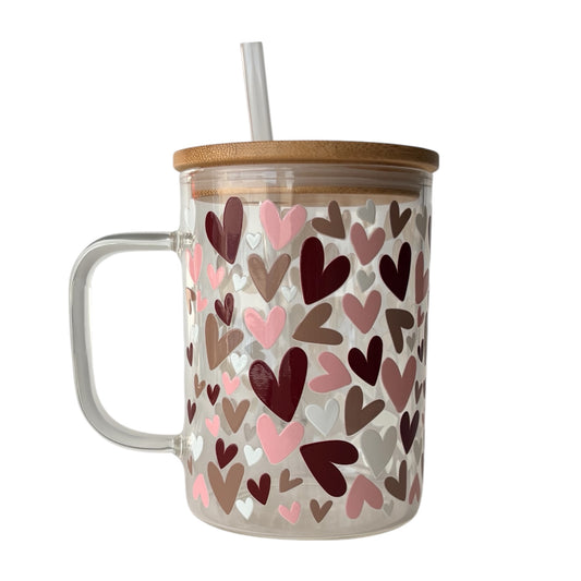Tasse en verre avec couvercle et paille (17 oz) - Pluie de coeur