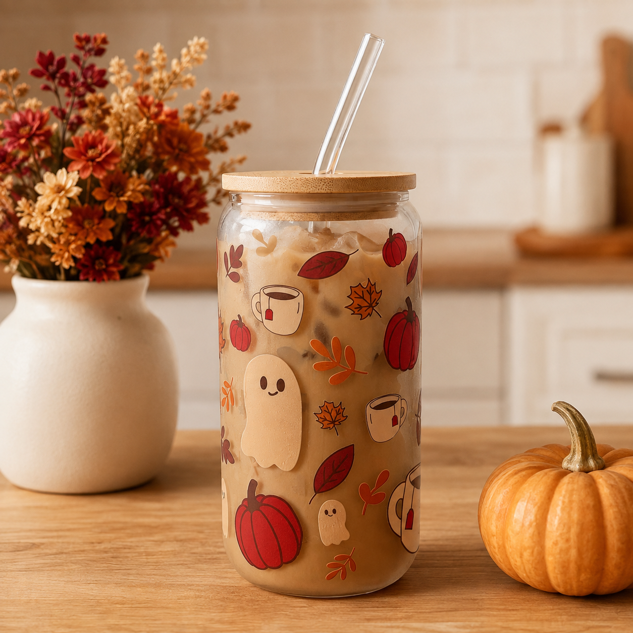 Tumbler en verre avec couvercle et paille (16 oz) - Café d'automne 🍂☕️