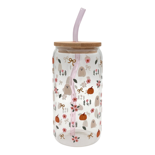 Tumbler en verre avec couvercle et paille (16 oz) - Citrouille & Fantôme 👻🎃